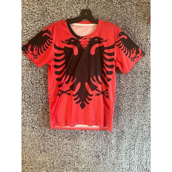 Albanian logo Unisex Graphic T-Shirt Red Crew Neck Short Sleeve Size S - Picture 4 of 8